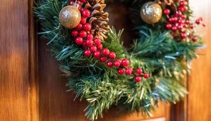 Wall Mural - extreme close up of a christmas wreath on a wooden door, with pine needles, red berries, and sparkli