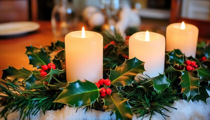 Wall Mural - close up of a candle-lit christmas centerpiece with holly, pine branches, and a touch of glittering 