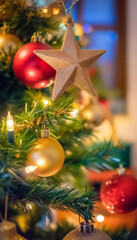 Wall Mural - extreme close up of a decorated christmas tree with sparkling lights, colorful baubles, and a star o