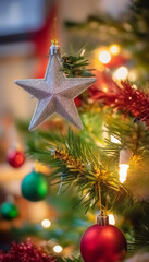 Wall Mural - extreme close up of a decorated christmas tree with sparkling lights, colorful baubles, and a star o