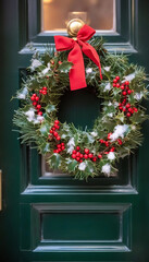 Wall Mural - extreme close up of a christmas wreath on a front door, made of pine branches, holly leaves, and red