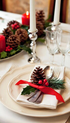 Wall Mural - close up of a table set for christmas dinner, with elegant plates, silverware, and a festive centerp