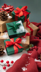 Sticker - Close up of a pile of wrapped Christmas gifts, with shiny ribbons and bows, surrounded by pine cones, berries, and a blanket of faux snow.