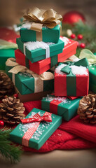 Sticker - Close up of a pile of wrapped Christmas gifts, with shiny ribbons and bows, surrounded by pine cones, berries, and a blanket of faux snow.