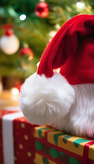 Wall Mural - extreme close up of santa's red hat with a fluffy white pom-pom on top, resting next to a pile of wr