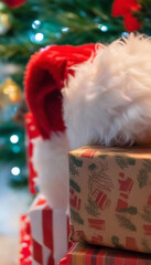 Wall Mural - extreme close up of santa's red hat with a fluffy white pom-pom on top, resting next to a pile of wr