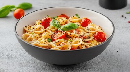 Wall Mural - Delicious bowl of pasta with fresh basil and cherry tomatoes on a rustic stone surface illuminated by soft lighting