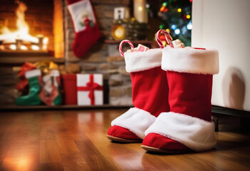 Wall Mural - close up of santa claus' boots standing next to a fireplace, surrounded by christmas stockings, cook
