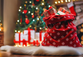 Wall Mural - close up of santa's sack of presents placed by the christmas tree, with sparkly snowflakes falling a