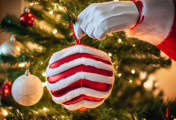 Wall Mural - extreme close up of santa's gloves as he adjusts a christmas ornament on the tree, with soft golden 