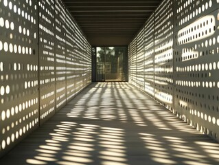 Poster - Sunlit pathway, perforated metal walls, modern architecture.