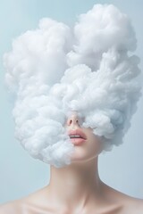 Sticker - A realistic portrait captures a woman whose head blends into soft, dreamy clouds, reflecting deep contemplation and emotional introspection in a serene atmosphere