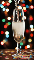 Sticker - Extreme close up of a champagne flute filled to the top, with bubbles rising, surrounded by festive confetti, streamers, and a soft glow of party lights.