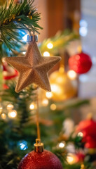 Wall Mural - extreme close up of a decorated christmas tree with sparkling lights, colorful baubles, and a star o