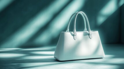 Wall Mural - Elegant white handbag in soft light on blue background