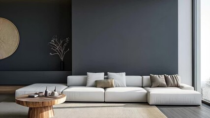 Leinwandbilder - Modern minimalist interior design featuring a spacious living area with large windows and cozy furnishings in a serene environment
