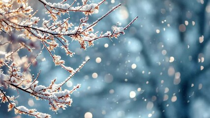 Aufkleber - Snowfall gently blankets branches in a serene winter landscape, creating a tranquil atmosphere filled with delicate flakes and soft lights