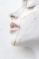 Wall Mural - A minimalist abstract portrayal features a woman's face adorned with metallic foil accents in gold and silver