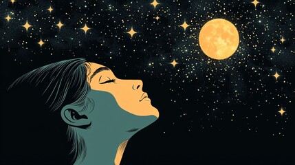 Serene Woman Gazing at the Full Moon and Stars in a Tranquil Night Sky with a Dreamy Atmosphere