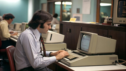 throwback to the 70s: man coding on vintage computer at work