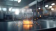 © OZTOCOOL - Glass Jar with Golden Particles Glowing in a Modern Workspace Scene