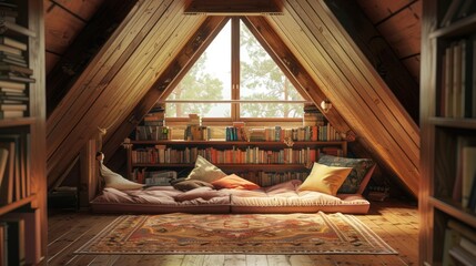 Canvas Print - Cozy attic reading nook with wooden beams, bookshelves filled with books, and soft cushions, surrounded by nature