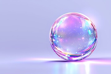 magical glowing crystal sphere with iridescent reflections and sparkles on purple background, mystic