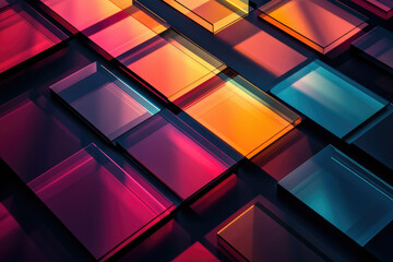 Poster - Abstract image of colorful, translucent glass rectangles overlapping on a dark background.