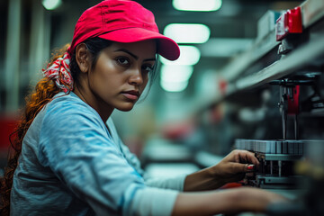 Aufkleber - Factory worker focuses intently while assembling products in Mexico