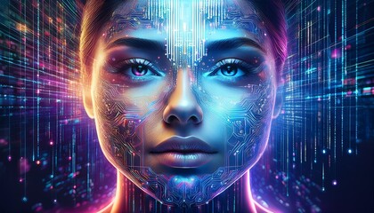 A futuristic digital concept where binary code, AI neural networks merge into female face 
