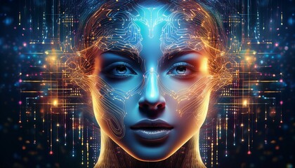A futuristic digital concept where binary code, AI neural networks merge into female face 