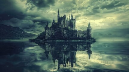 Wall Mural - A mystical castle rises dramatically from the water under a stormy sky, reflecting its silhouette in the dark waters