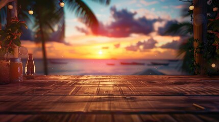 Wall Mural - Serene sunset view from a tropical bar with drinks on a wooden table, palm trees swaying in the background