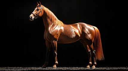 Canvas Print - A brown horse standing in the dark with a black background