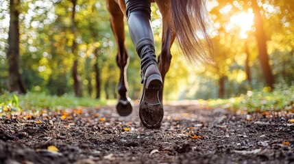 Wall Mural - A person riding a horse in the woods at sunset