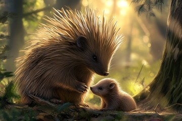 Wall Mural - A mother hedgehog and her baby in the woods