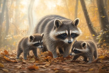 Sticker - A mother raccoon and her two baby raccoons in the woods