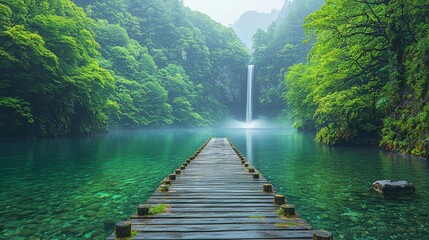 Wall Mural - A wooden bridge over a body of water with a waterfall in the background