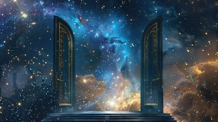 Wall Mural - A mystical cosmic scene featuring an ornate doorway opening to a vibrant galaxy filled with stars and nebulae