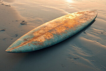 Wall Mural - A weathered surfboard rests on the beach at sunset, showing signs of age and use.