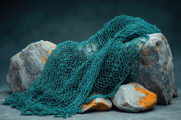 Wall Mural - Teal fishing net draped artistically over rough, lichen-covered rocks.