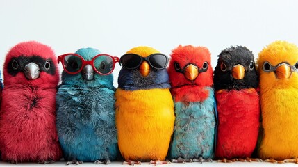 Wall Mural - A group of colorful birds wearing sunglasses sitting in a row