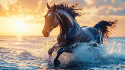 Canvas Print - A black horse running through the water at sunset