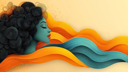 Wall Mural - A woman with long curly hair laying down on a yellow background