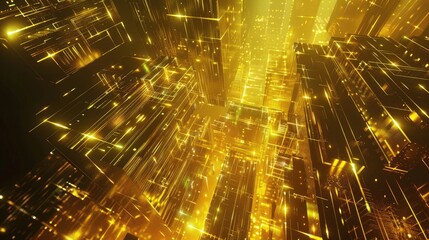 Sticker - Abstract golden cityscape with glowing lines and particles creating a futuristic atmosphere in a digital environment