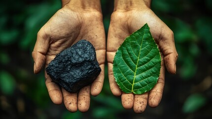 Wall Mural - Hands holding coal and leaf, contrasting energy choices, lush foliage background, environmental campaign