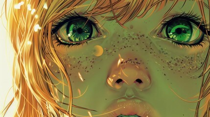 Wall Mural - Close-up of a young girl with vibrant green eyes and freckles, illuminated by soft sunlight, creating a dreamy atmosphere