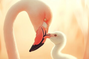 Wall Mural - A pink flamingo standing next to a baby flamingo