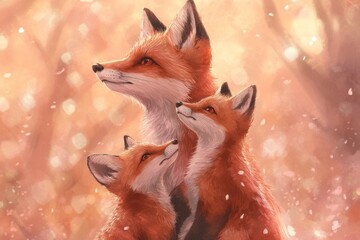 Wall Mural - A painting of three foxes in the woods looking up at the sky