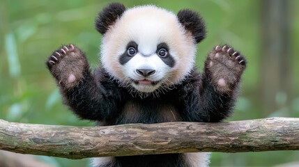 Wall Mural - Playful panda cub climbing branch, lush forest